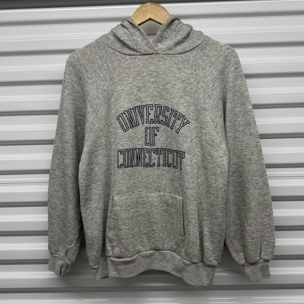 Vintage 80s University Of Connecticut Champion Gray Hooded Sweatshirt Size L